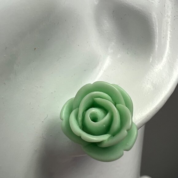 Rosebud Rose Flower Earrings Seafoam Mint Green Teal Studs Small Floral - Picture 3 of 5
